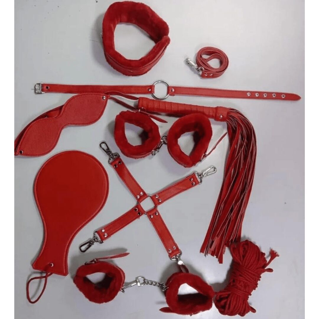Red BDSM Bondage Set with Handcuffs, Blindfold, and Leash – HILORAMART