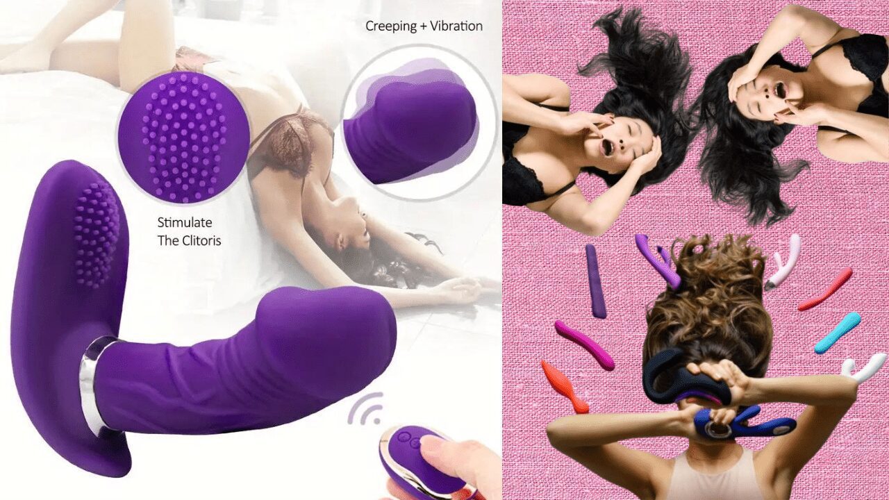 A promotional image showcases a purple vibrating device, introducing it as one of the latest sex toys. Beside it, three women are depicted enjoying the product, surrounded by various devices displayed on a pink textured background.