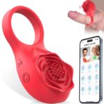 Red silicone rose vibrator cock ring for couples intimate play